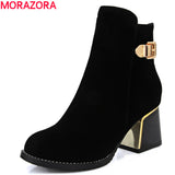 MORAZORA Fashion 2017 hot sale top quality flock ankle boots high heel round toe solid black  women shoes