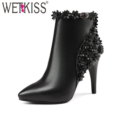 WETKISS Elegant Floral Appliques Ankle Boots Brand Designers Winter Boots Super High Heels Women Shoes Genuine Leather Footwear