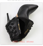 WETKISS Elegant Floral Appliques Ankle Boots Brand Designers Winter Boots Super High Heels Women Shoes Genuine Leather Footwear