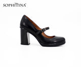 SOPHITINA Brand Genuine Leather Ladies Pumps Buckle Strap Thick high heels Sexy handmade Shallow Round Toe Dress women Shoes D12