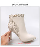 WETKISS Elegant Floral Appliques Ankle Boots Brand Designers Winter Boots Super High Heels Women Shoes Genuine Leather Footwear