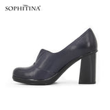 SOPHITINA Slip-on Classics sheepskin Dress Pumps Genuine Leather Dark Blue Super high Square heel high quality shoes women